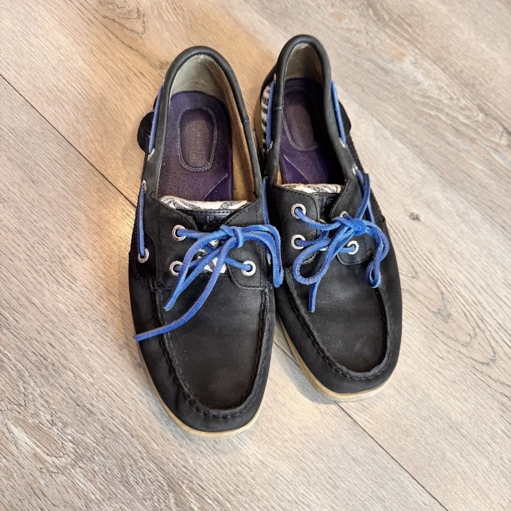 Sperry Topsider Boat Shoes Womens‎ 7.5 Black Leather Bluefish Zebra Print Casual
